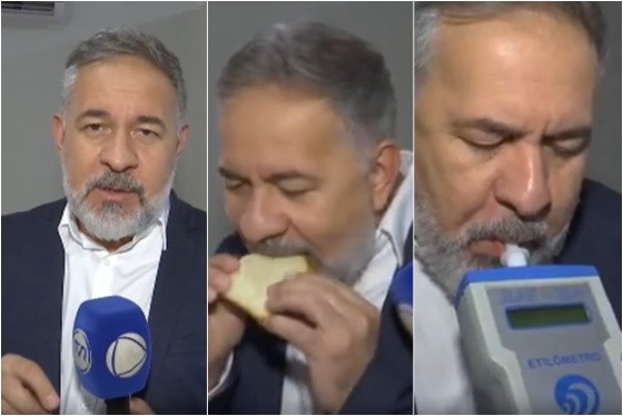 jornalista assoprando bafômetro