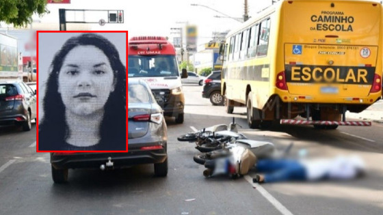 Motociclista colide em carro, cai em avenida e é atropelada por ônibus escolar.