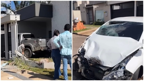 Hilux destrói muro de casa após colisão com HB20 em MT; veja vídeo