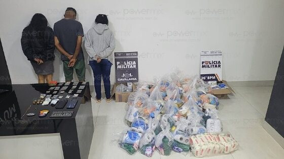 cesta básica e droga apreendida, trio preso