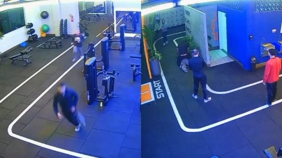 Câmeras de segurança na academia flagraram o momento uma luta corporal entre dois homens.