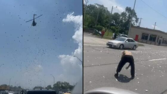 É possível ver o helicóptero despejando as notas e motoristas saindo de seus carros para pegá-las.